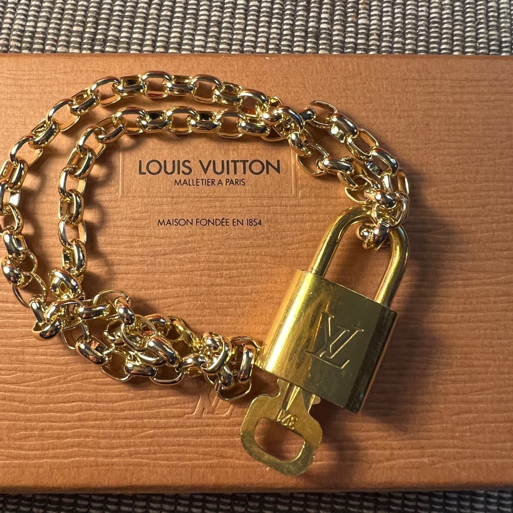 Louis Vuitton Gold Padlock w/ 14k Gold Plated Paperclip Oval Chain Necklace